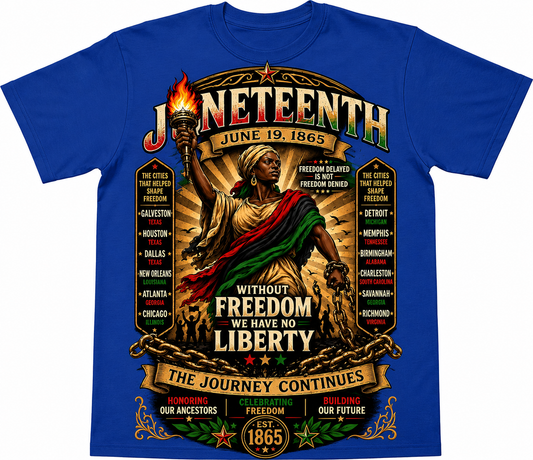 Juneteenth 1865 – The Journey Continues | Royal Blue Edition

Honor the legacy, resilience, and enduring spirit of freedom with this powerful Juneteenth commemorative design. Centered around a bold Black Lady Liberty holding the torch of freedom, this art