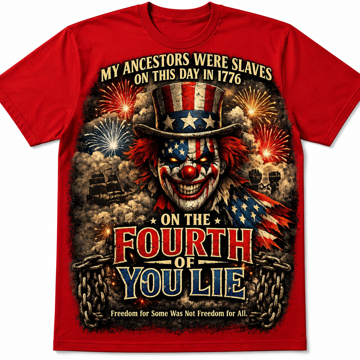 4th of You Lie™ | My Ancestors Were Slaves in 1776 – Patriotic Protest Edition

Product Description

Challenge the traditional narrative with the powerful “4th of You Lie™” graphic tee. This bold design features a sinister patriotic clown draped in the co