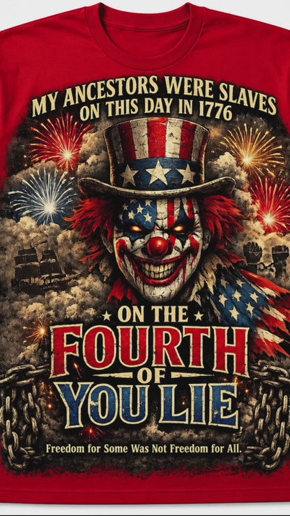 4th of You Lie™ | My Ancestors Were Slaves in 1776 – Patriotic Protest Edition

Product Description

Challenge the traditional narrative with the powerful “4th of You Lie™” graphic tee. This bold design features a sinister patriotic clown draped in the co