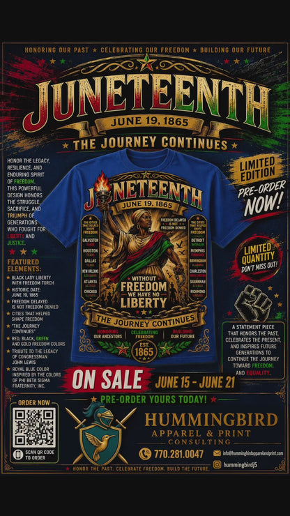 Juneteenth 1865 – The Journey Continues | Royal Blue Edition

Honor the legacy, resilience, and enduring spirit of freedom with this powerful Juneteenth commemorative design. Centered around a bold Black Lady Liberty holding the torch of freedom, this art